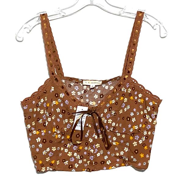 La Hearts Tops - LA Hearts Brown Floral Coquette Crop Top S Lace Bow Milkmaid Cottage Boho NWT